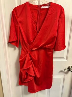 White Closet Red Satin Twist-Front Mini Dress